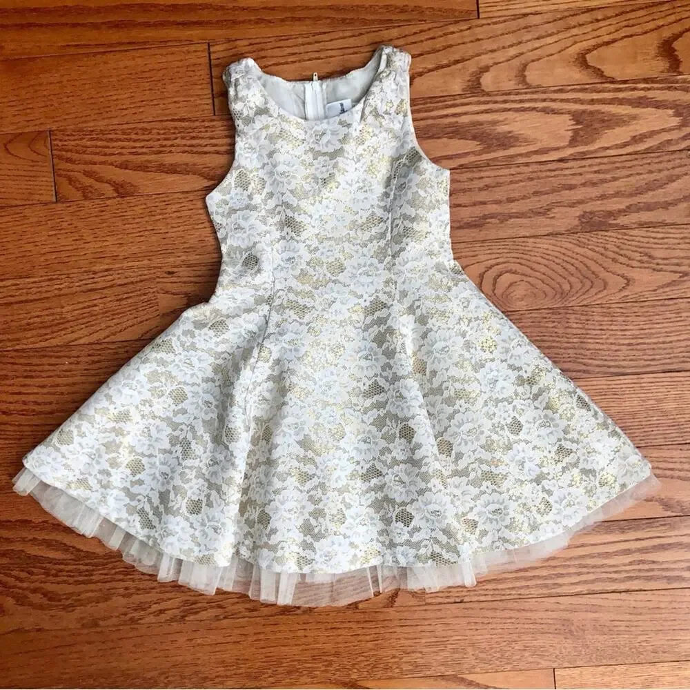 Rare Editions A-Line Lace Lined Tulle Creme Gold Party Dress Girl’s Size 4T